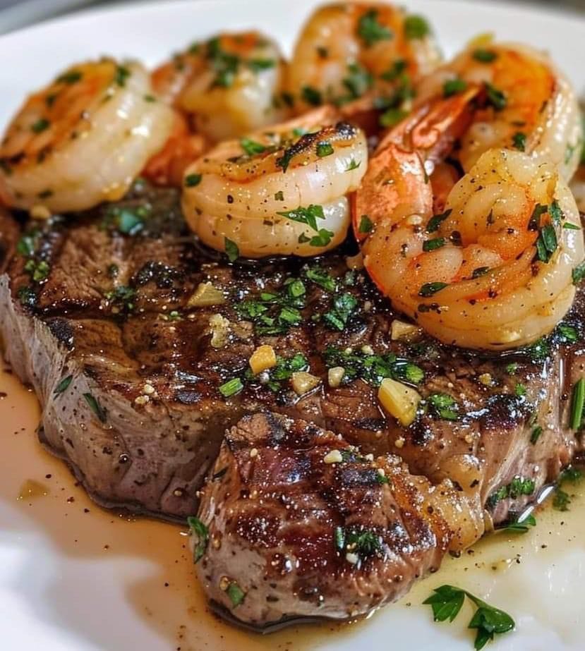 Prime Ribeye Steaks with a side of succulent Garlic Butter Shrimp. A perfect blend of land and sea on your plate! 