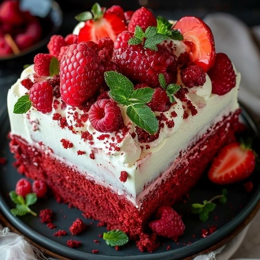 Luscious Red Velvet Raspberry Poke Cake 