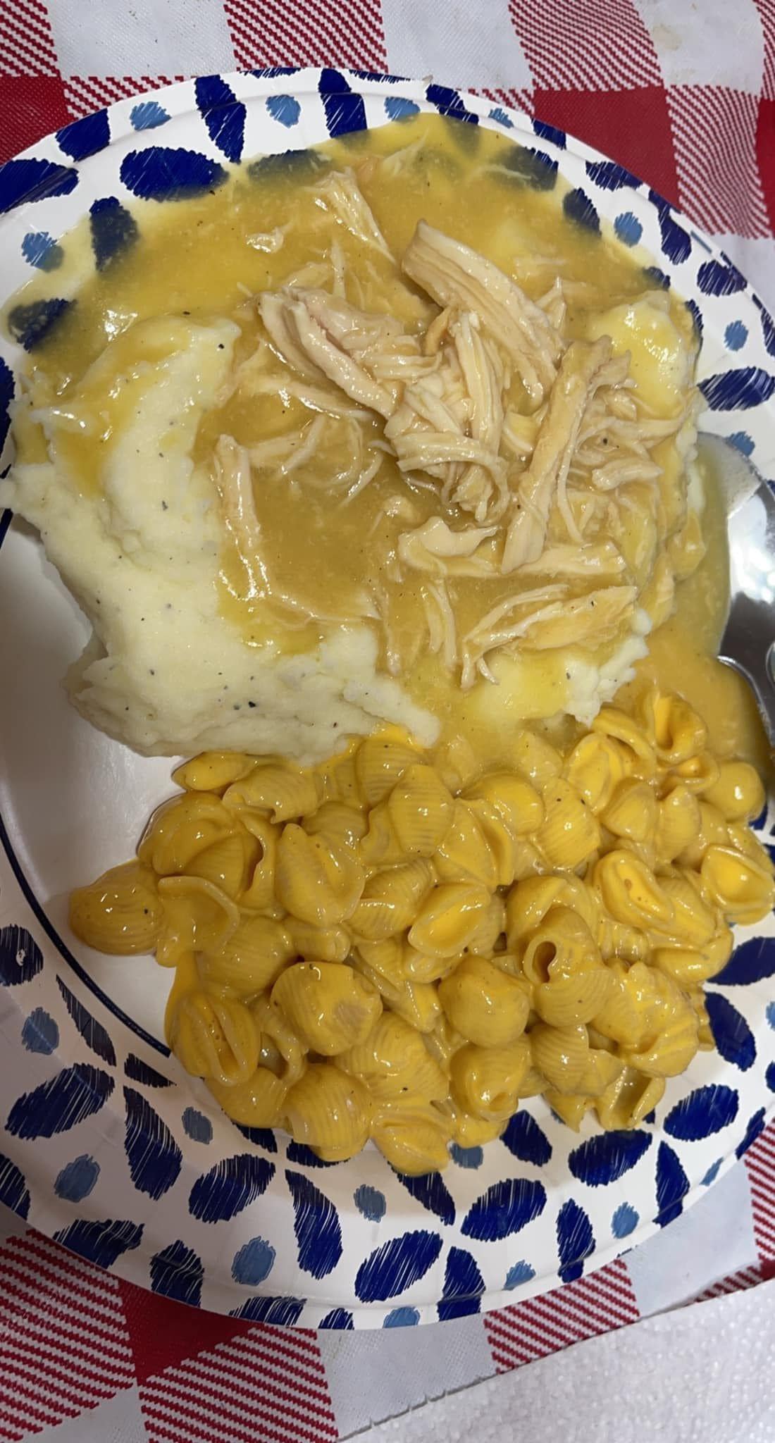 Crock pot chicken and gravy over homemade mashed potatoes and velveeta Mac and cheese