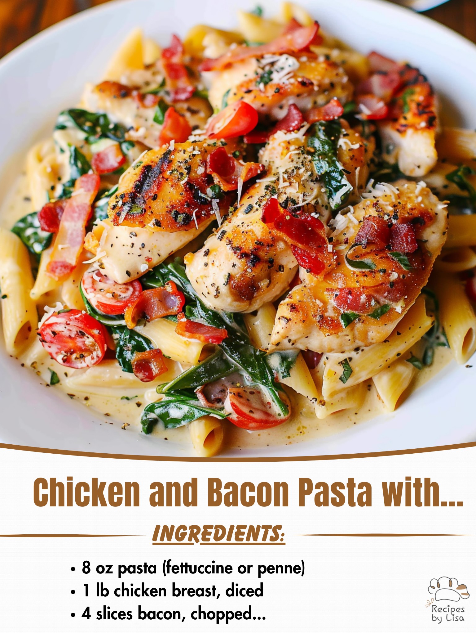 Chicken and Bacon Pasta with Spinach and Tomatoes in Garlic Cream Sauce