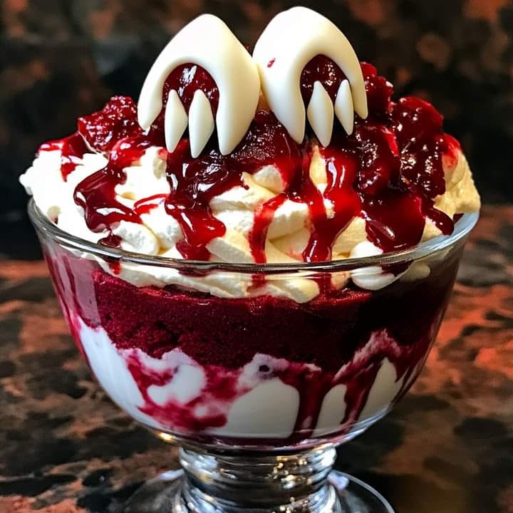 Vampire’s Kiss Red Velvet Trifle with White Chocolate Fangs 