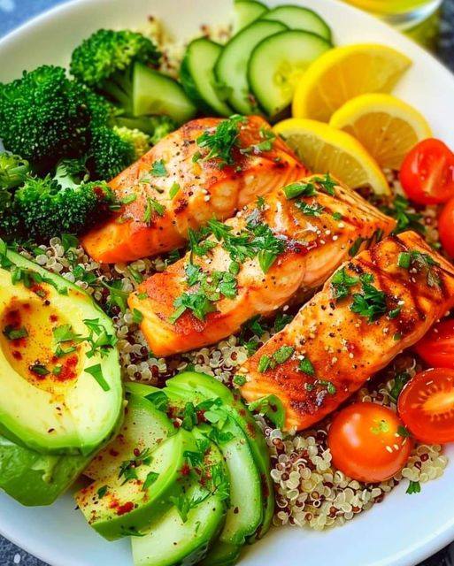 Grilled Salmon with Quinoa, Broccoli, and Avocado Salad