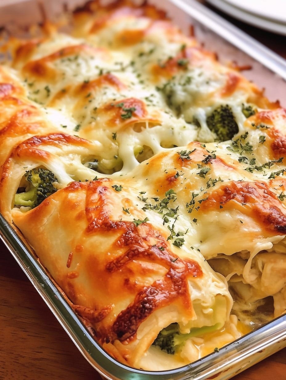 CHICKEN AND BROCCOLI ALFREDO LASAGNA ROLLS