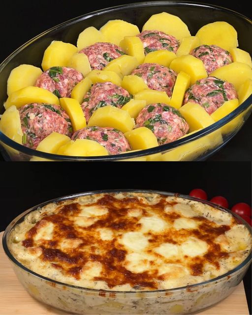 Baked Potato and Meat Casserole with Creamy Spinach and Mushroom Sauce