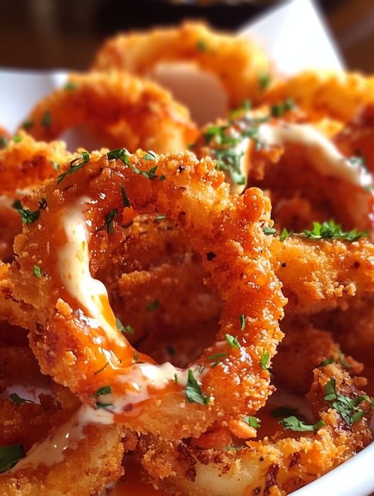 Crispy Onion Rings Drizzled with Spicy Mayo