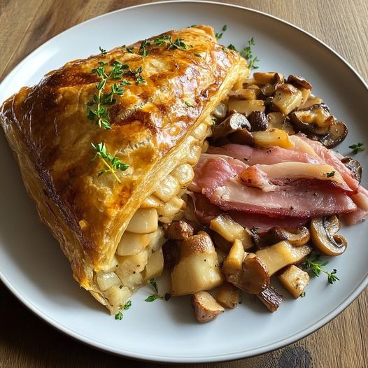 Puff pastry with mushrooms and ham