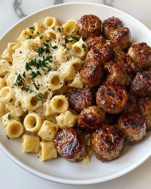 GARLIC BUTTER SAUSAGE BITES WITH CREAMY PARMESAN PASTA