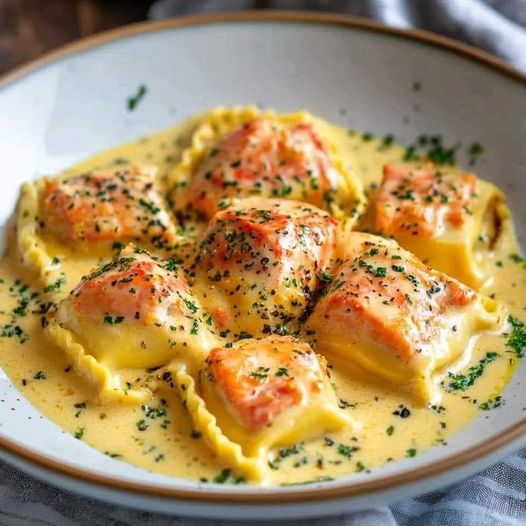 Lobster Ravioli with Saffron Garlic Cream Sauce