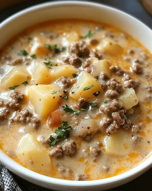 HomeCreamy potato and hamburger soup made in a crockpot: a warm and comforting meal. Creamy potato and hamburger soup made in a crockpot: a warm and comforting meal