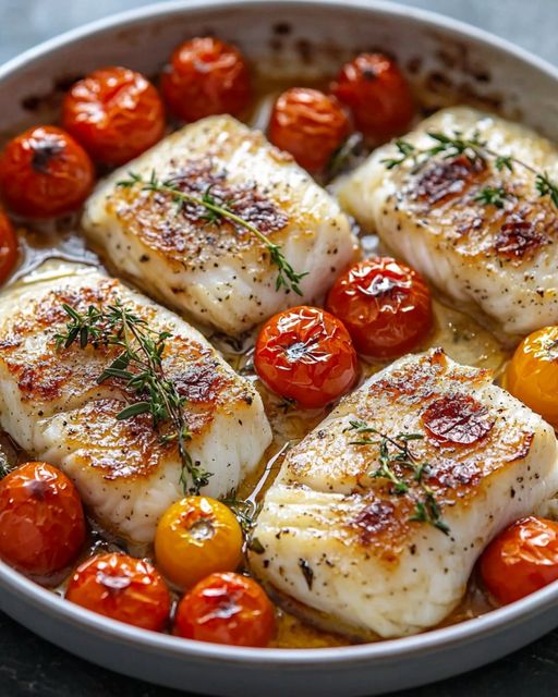 Baked cod, cherry tomatoes and thyme