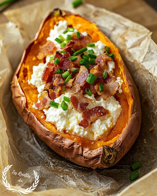 Baked Sweet Potato in a Jacket with Cream Cheese and Bacon