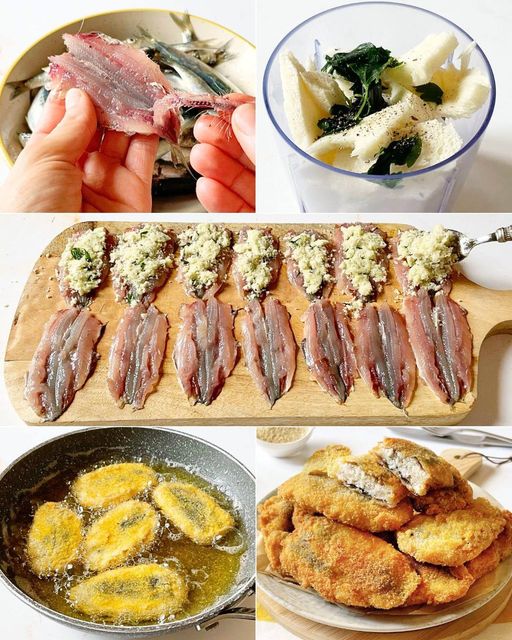 Ingredients: 500 g fresh sardines, gutted and filleted 100 g breadcrumbs 50 g grated parmesan 2 tablespoons chopped fresh parsley 2 cloves garlic, finely chopped 1 tablespoon capers, chopped 8-10 pitted black olives, chopped (optional) 1 egg Flour to taste (for dusting) Seed oil (for frying) Salt and pepper to taste Procedure: