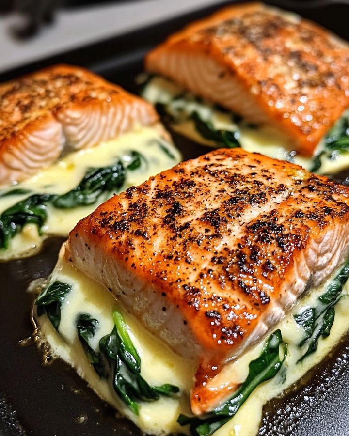 Blackened Salmon Stuffed with Spinach and Parmesan Cheese 