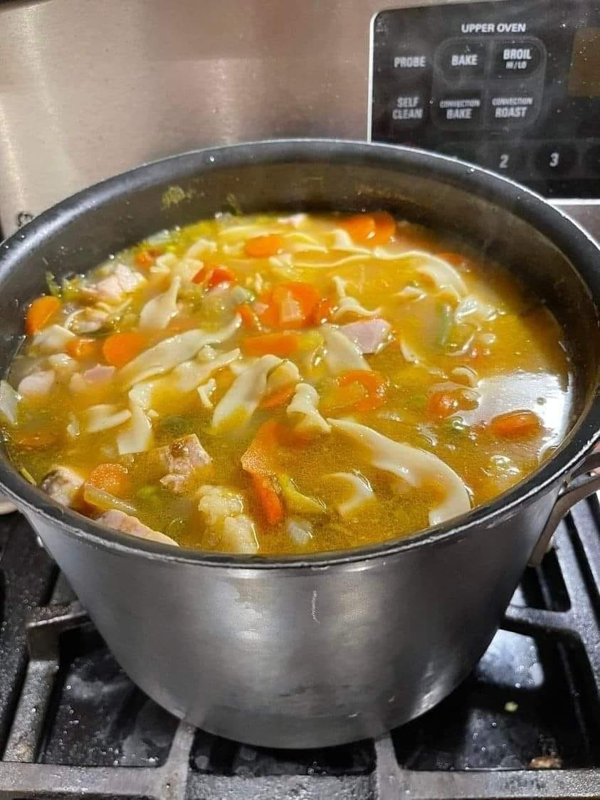 Soup made with chicken and noodles.