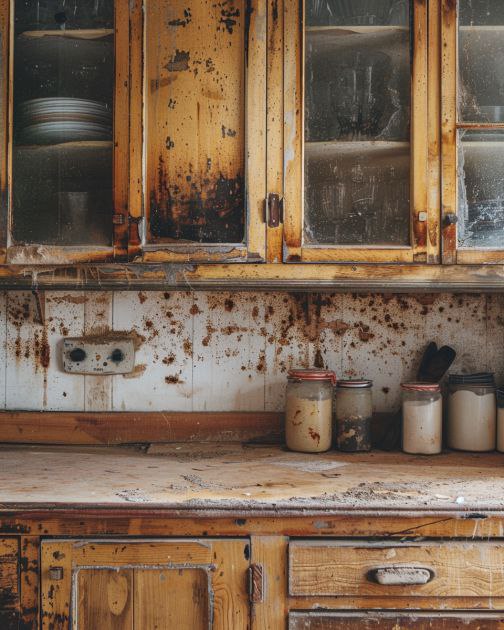 The kitchen cabinets are sticky and greasy after not being cleaned for over 3 years. How can I tackle this?