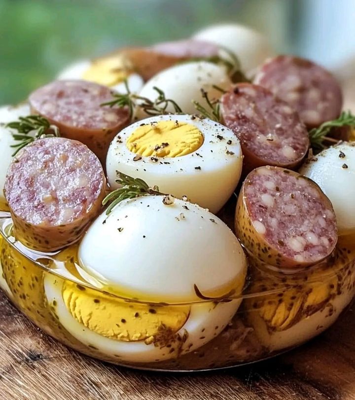 Mustard Pickled Eggs with Summer Sausage