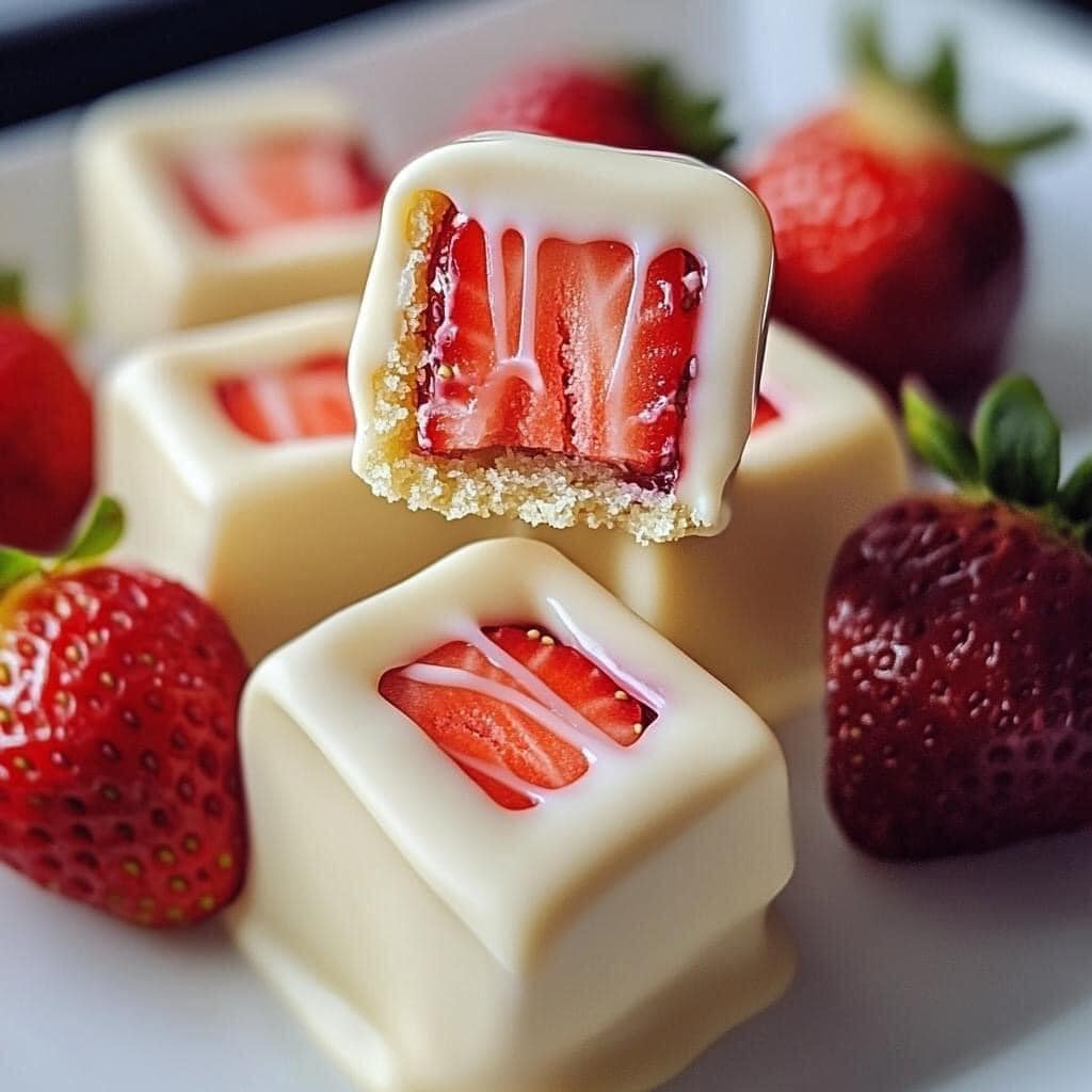  Strawberry Cheesecake Square Bites Dipped in White Chocolate 