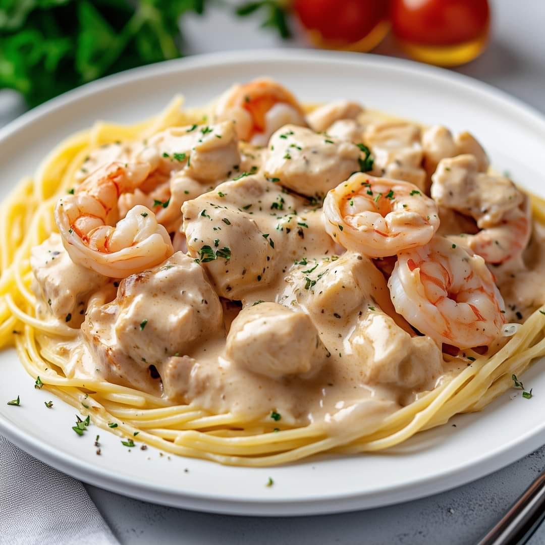 Spaghetti Alfredo with Shrimp and Chicken