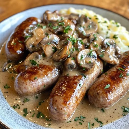 BRATWURST WITH MUSHROOM GRAVY