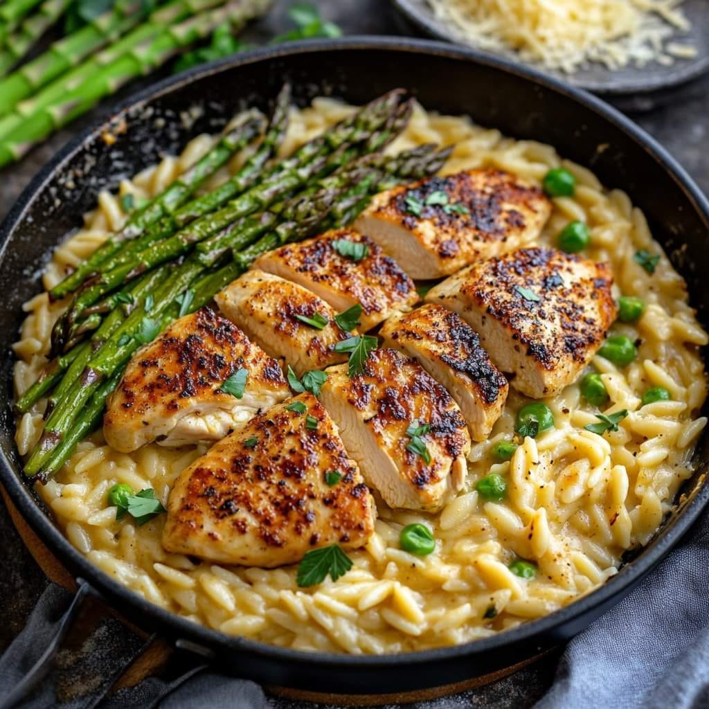 Creamy Parmesan Orzo with Chicken and Asparagus