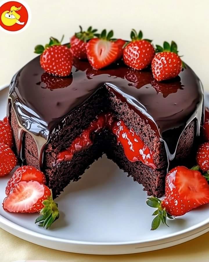 Chocolate cake filled with fresh strawberries