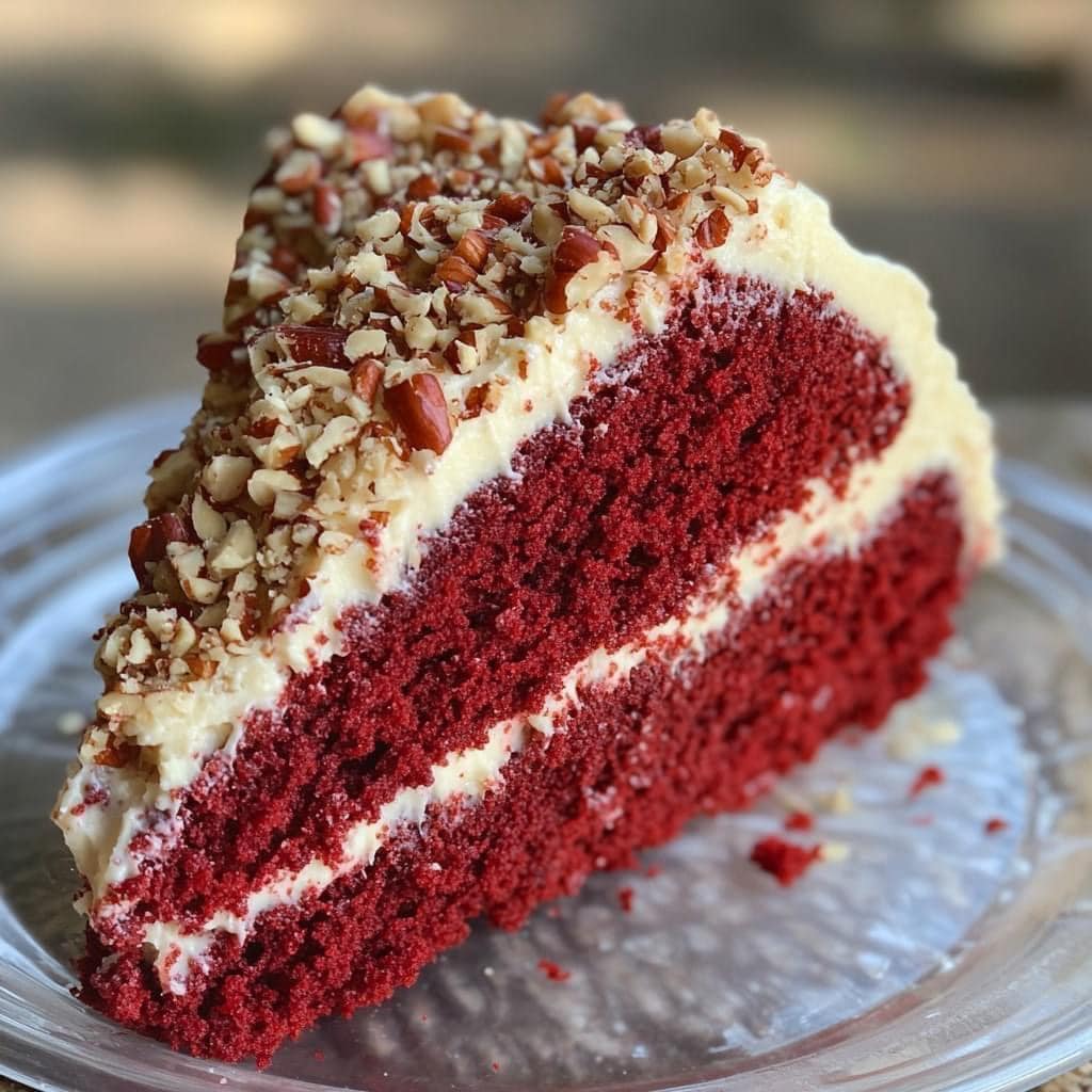 Red Velvet Cake with Cream Cheese Frosting and Chopped Walnuts