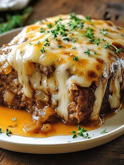 Crockpot French Onion Meatloaf with Melted Swiss Cheese