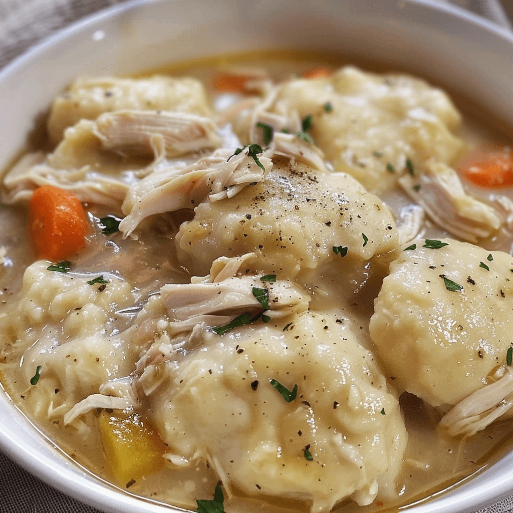 Chicken and dumplings made in a slow cooker.