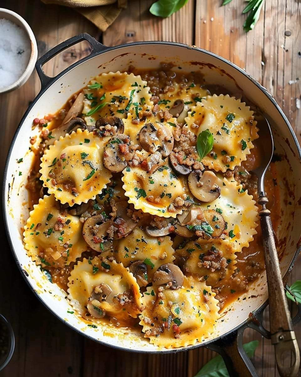 Ravioli with Mushroom and Sausage Sauce