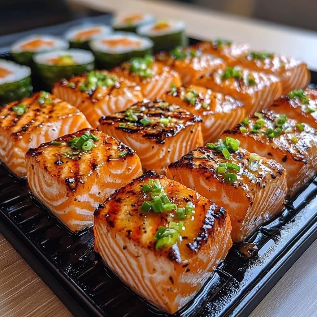 Grilled Salmon with Sushi Rolls