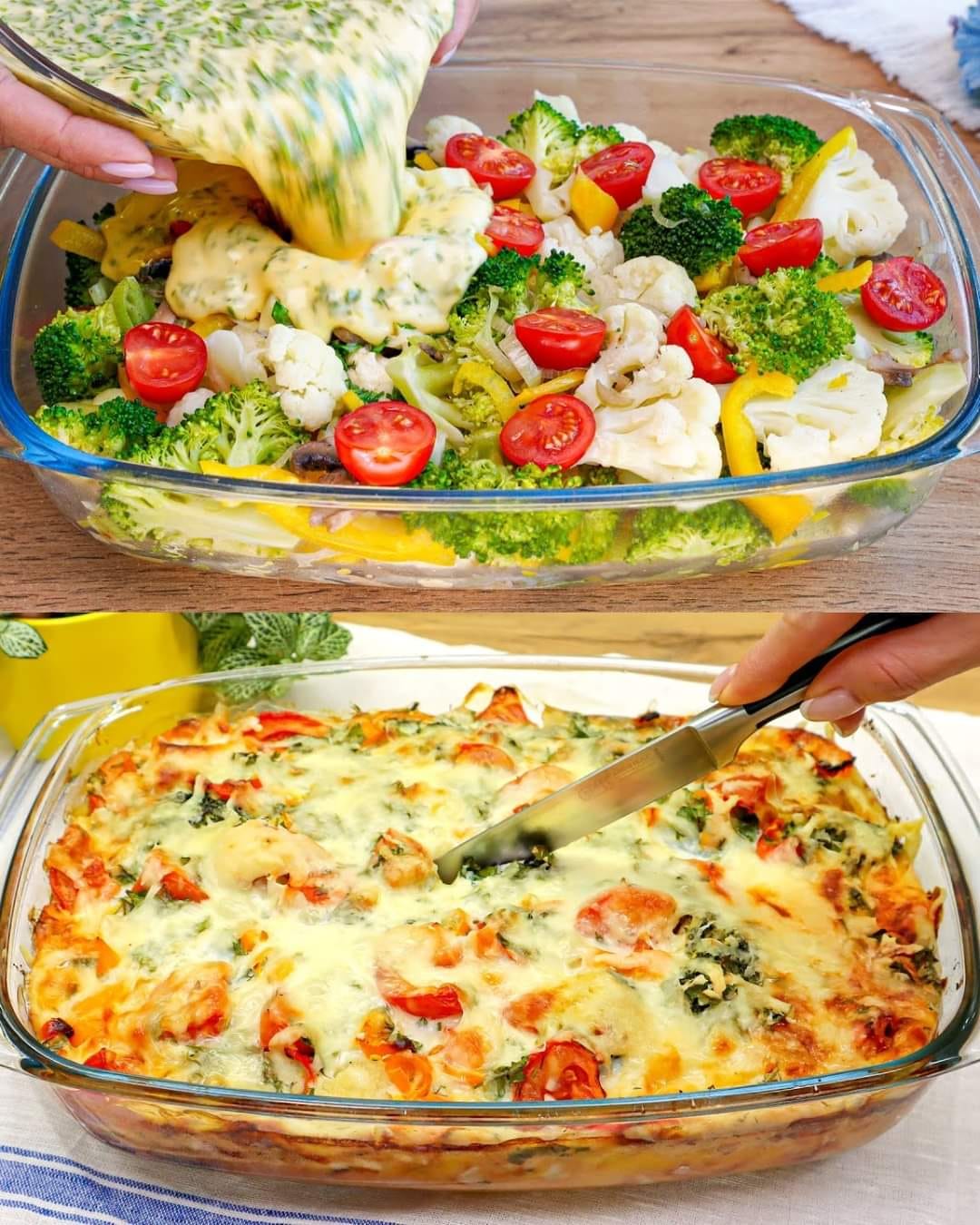 Cauliflower and Broccoli Vegetable Casserole with Garlic Sauce