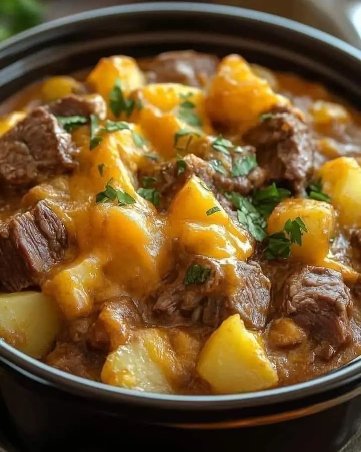 Slow Cooker Steak and Cheddar Potato Casserole