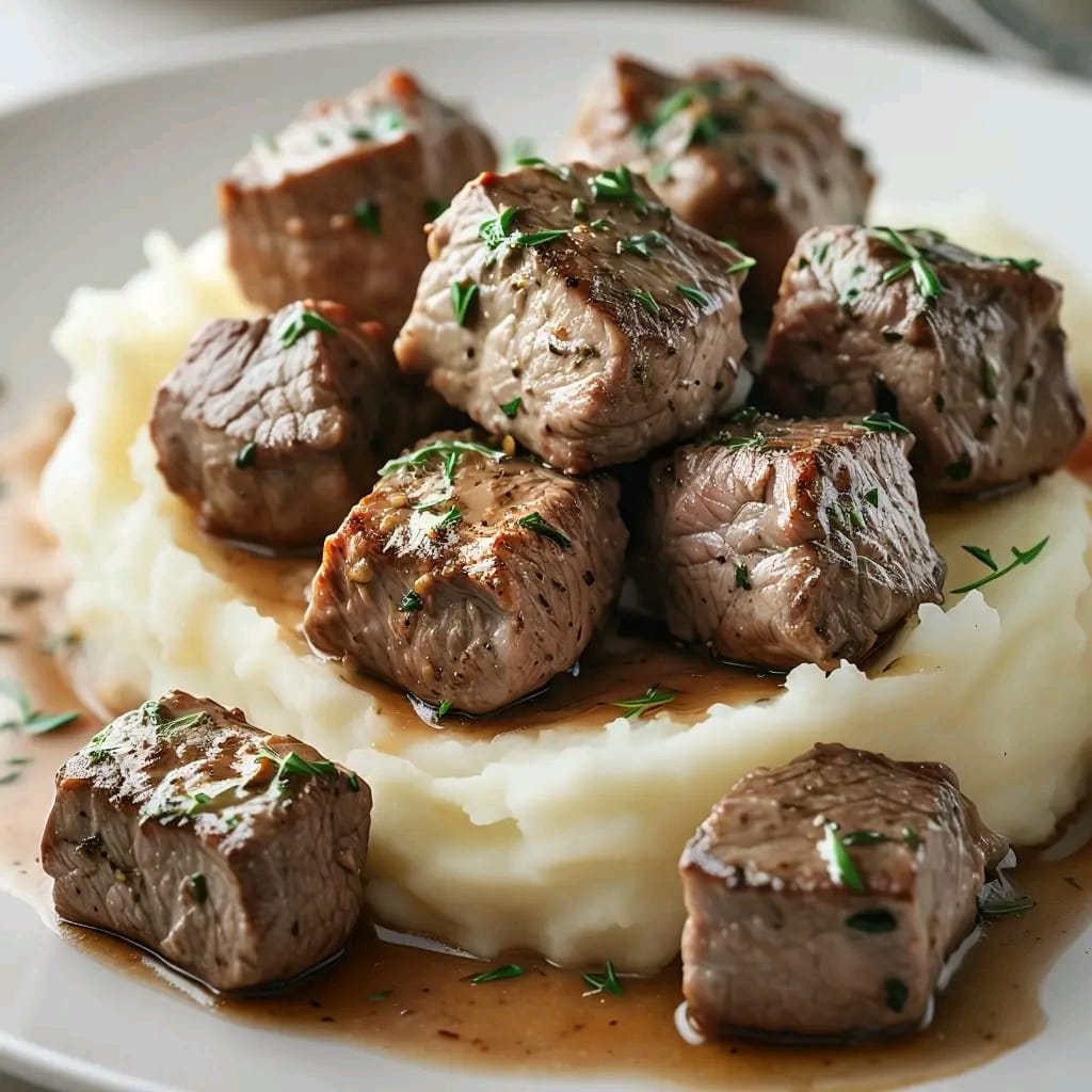 Juicy Garlic Butter Steak Cubes with Velvety Mashed Potatoes