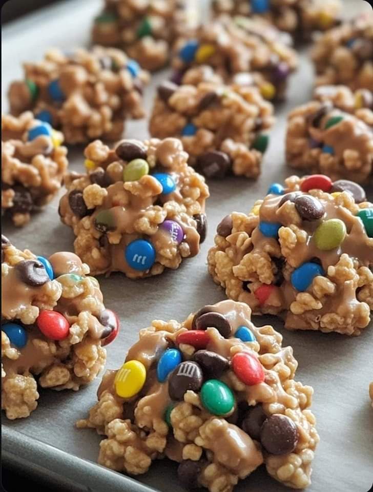 Peanut Butter Rice Krispie Treats with M&M’s and Chocolate Chips