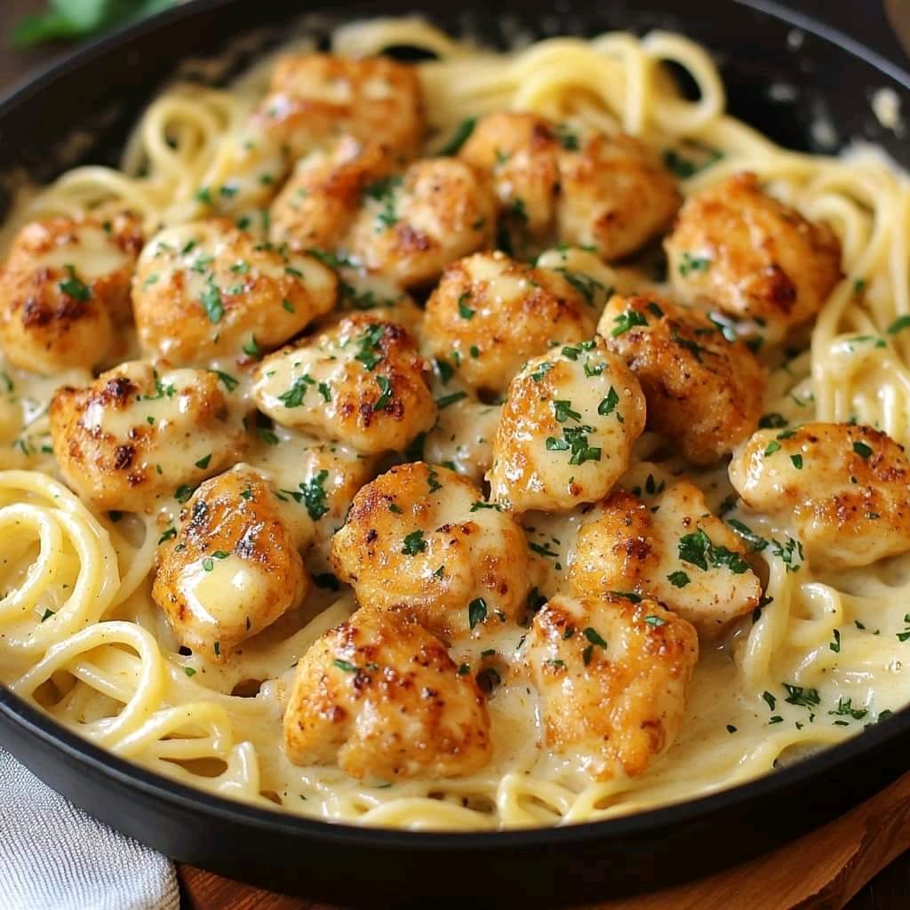 Golden Garlic Chicken Bites over Creamy Parmesan Pasta