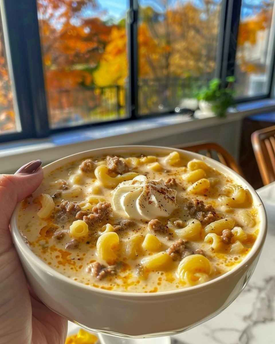 Fast and filling one-pot macaroni cheeseburger soup.