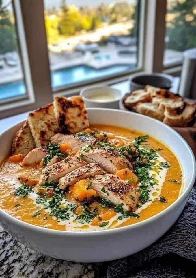 Roasted Chicken, Sweet Potato, and Butternut Squash Soup with Cream Cheese and Toasted Bread Bites