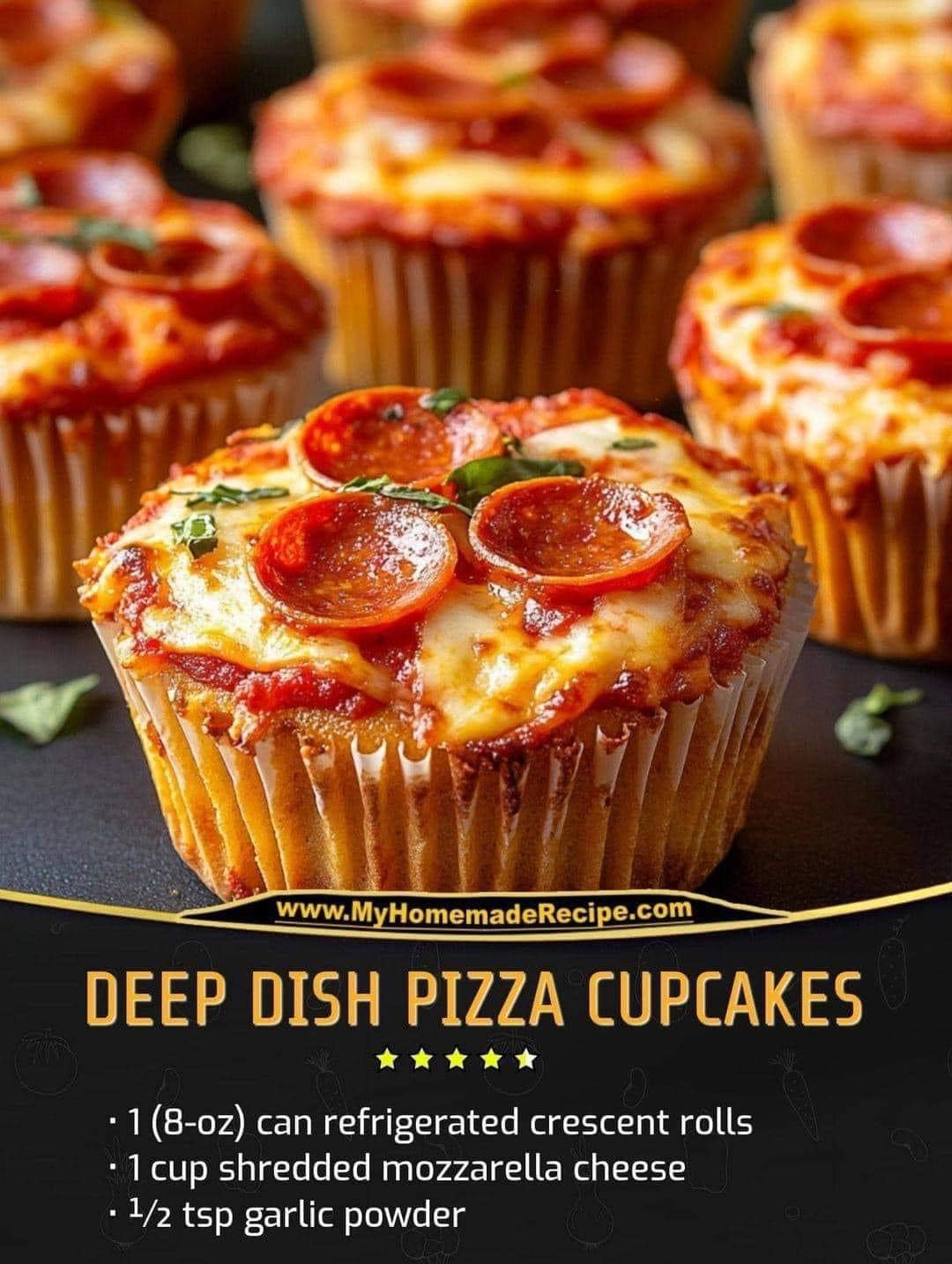 Deep Dish Pizza Cupcakes are a fun, bite-sized twist on a classic!  Layers of pizza toppings baked into a soft, doughy cupcake—perfect for snacking or party treats