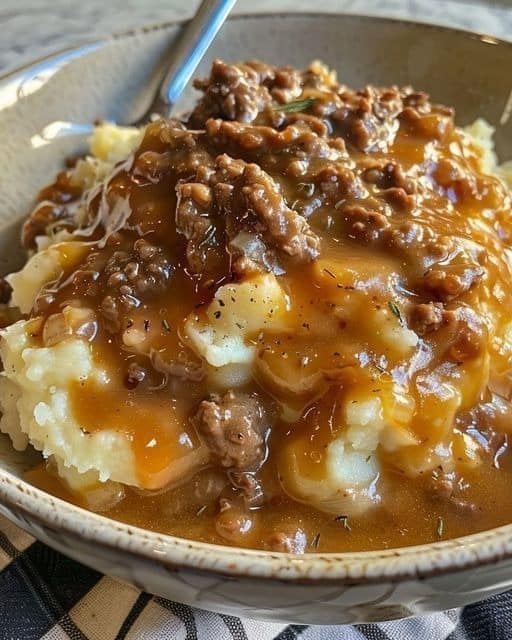 Instructions for Making Beef and Gravy with Mashed Potatoes