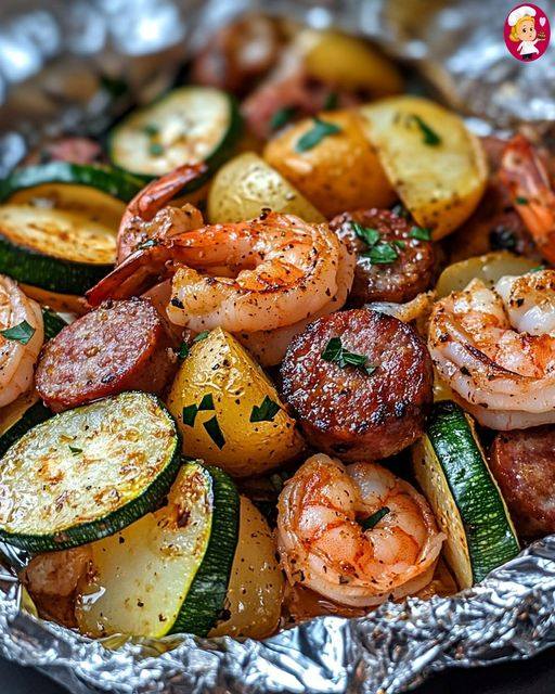 Shrimp, Zucchini, Potatoes, and Spicy Italian Sausage Foil Pack