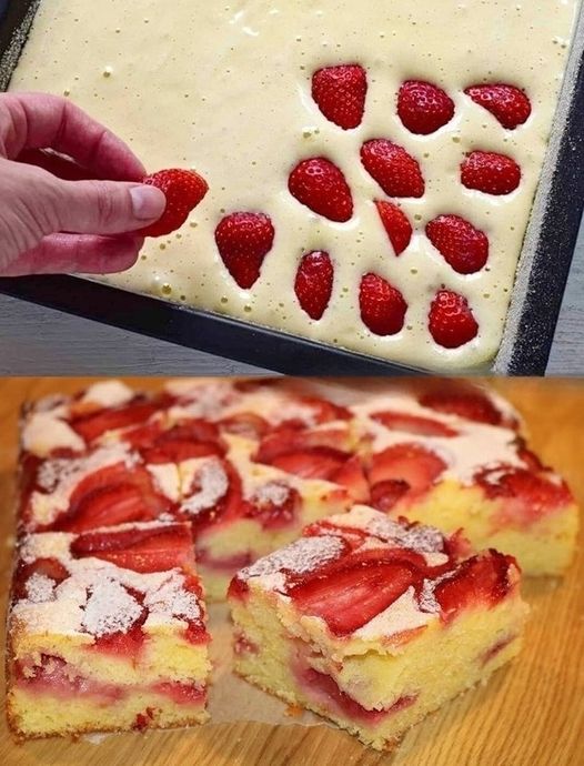 Strawberry sponge cake from the tray, ready for the oven in 5 minutes