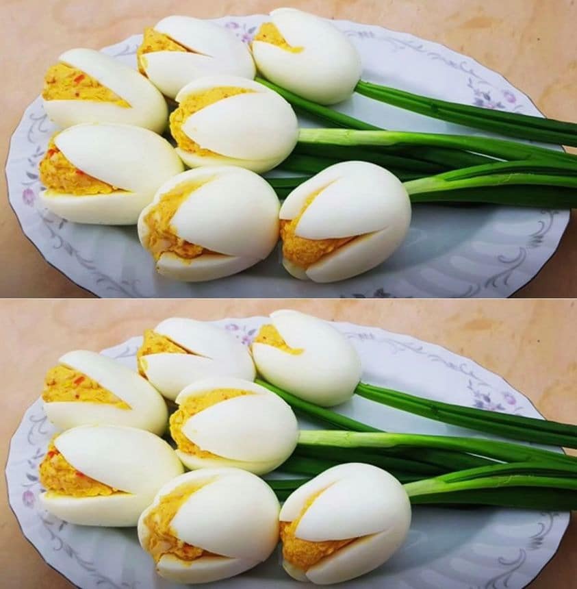 Making a beautiful and delicious arrangement of deviled eggs.