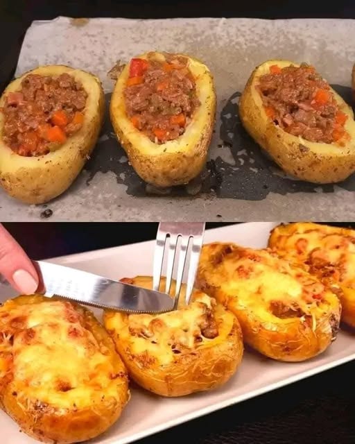 Cheesy Beef Stuffed Potatoes