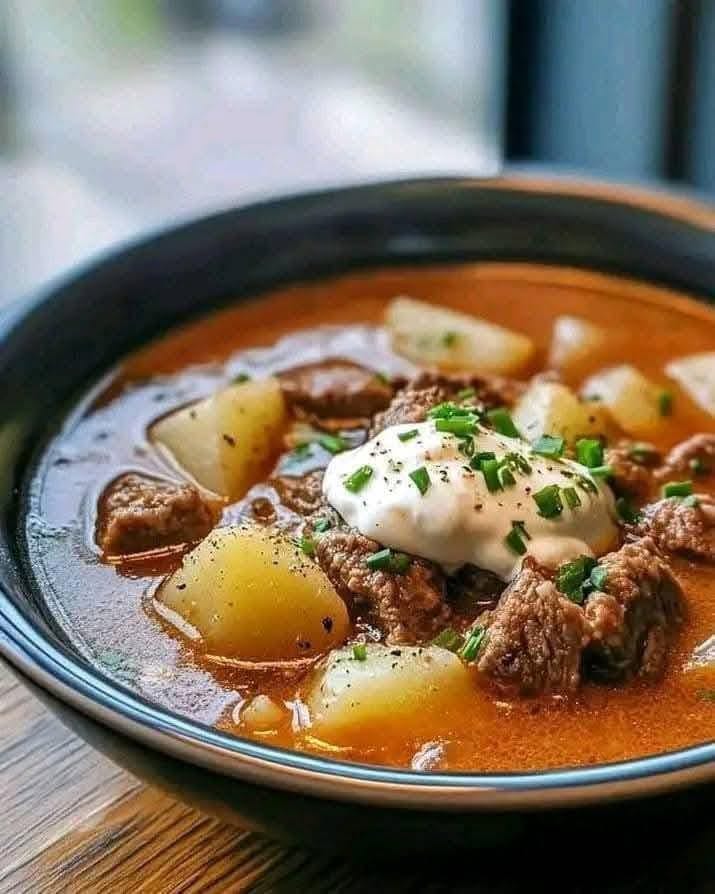 Potato and Beef Soup with Parmesan and Sour Cream