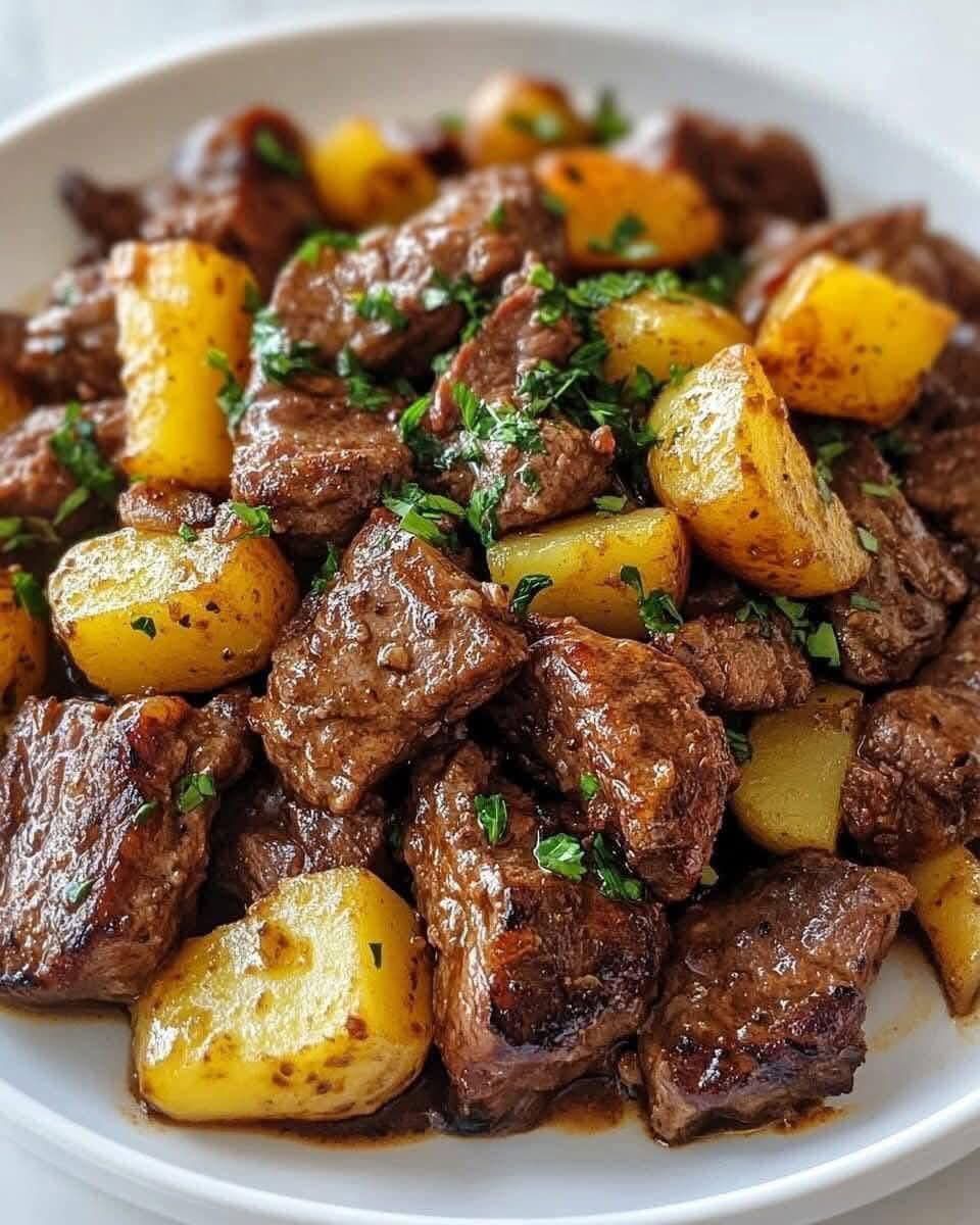 Air Fryer Garlic Butter Steak Bites and Potatoes 