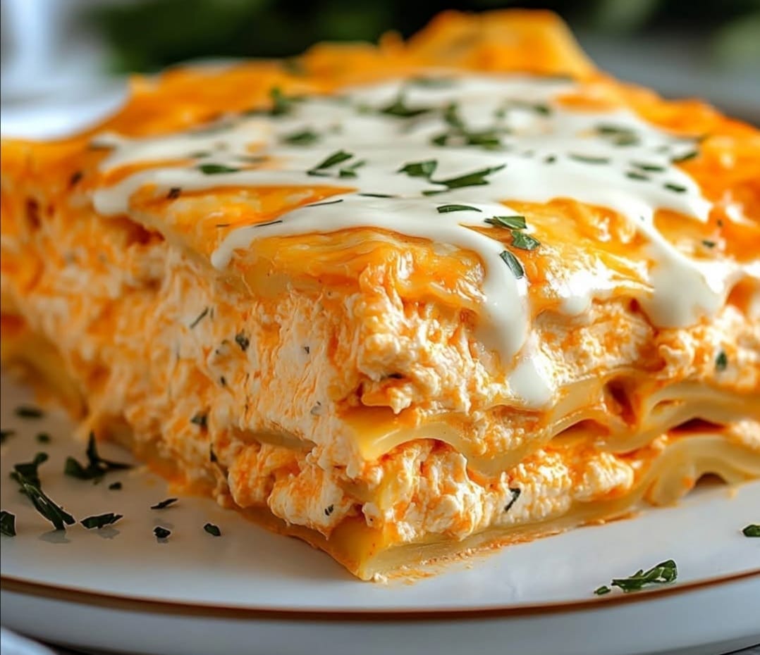 Cheesy Buffalo Chicken Lasagna with Ranch Drizzle