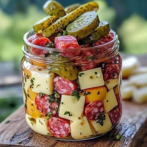 Easy Marinated Cheese Appetizer with Salami & Pickles