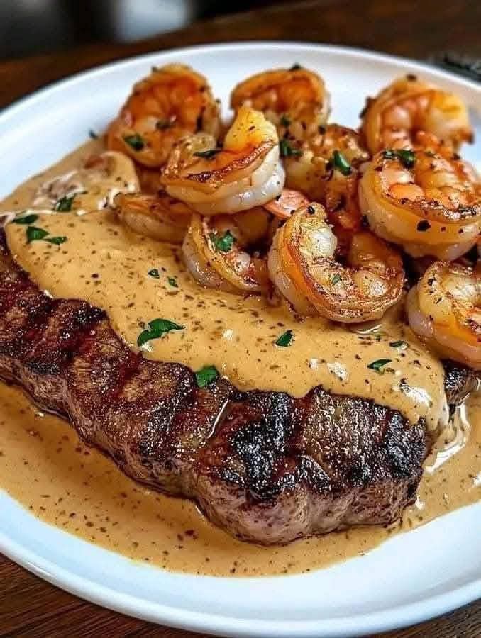 Steak with Creamy Cajun Shrimp Sauce Surf and Turf