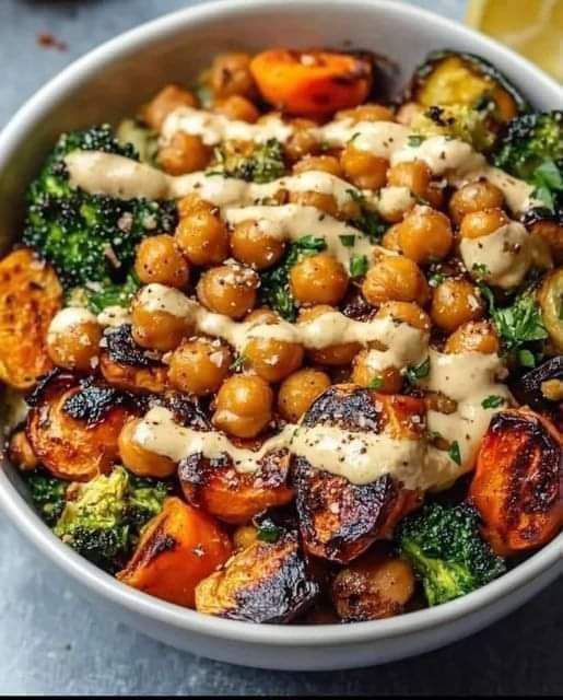 Roasted Vegetable and Chickpea Bowl with Maple Dijon Tahini Dressing