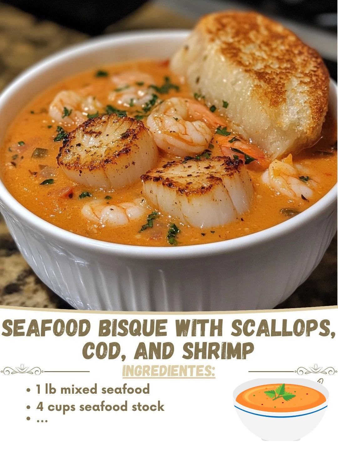 Seafood Bisque with Scallops, Cod, and Shrimp 